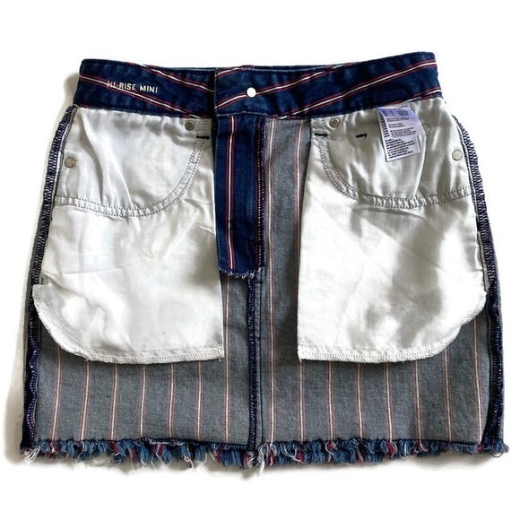 American Eagle High Rise Striped Denim Mini Skirt Frayed Hem Patriotic RWB - Picture 8 of 10